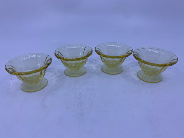 4 VTG YELLOW SMALL DESSERT GLASSES.