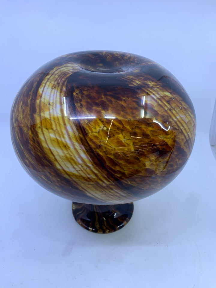 DARK BROWN SWIRL HEAVY GLASS VASE.