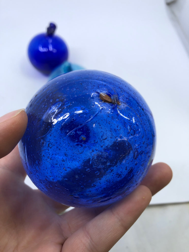 3 BLUE BULB GLASS ORNAMENTS.