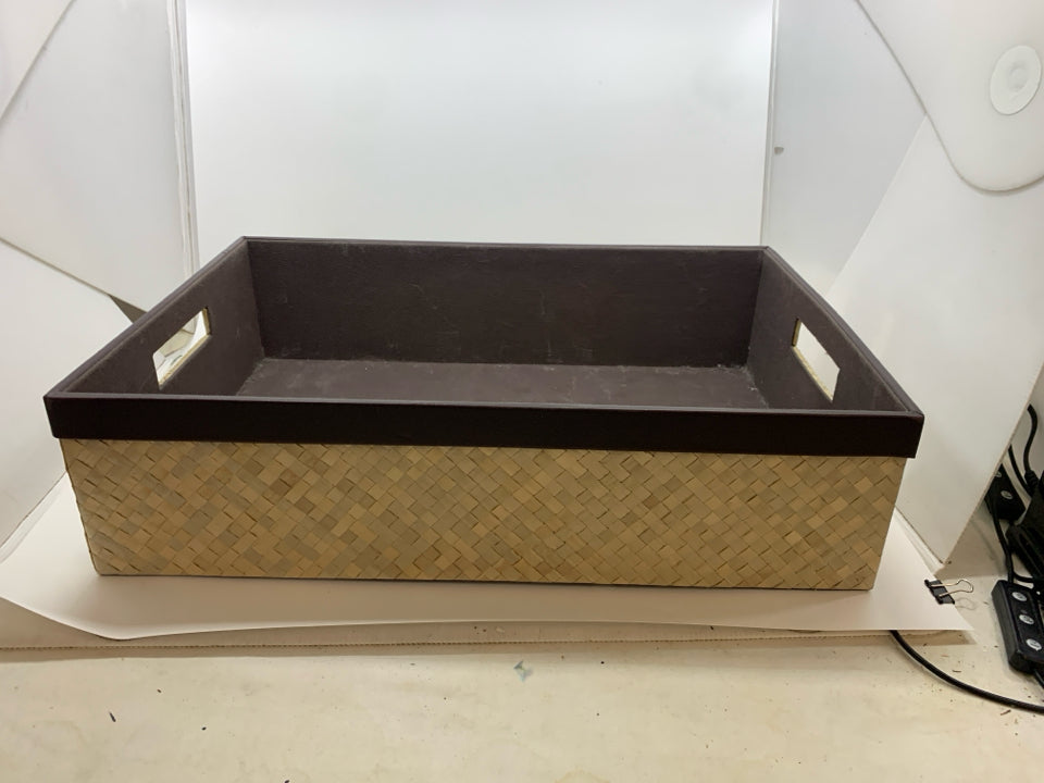 BASKET WEAVE FABRIC STURDY BIN W/ FAUX BROWN LEATHER TRIM.