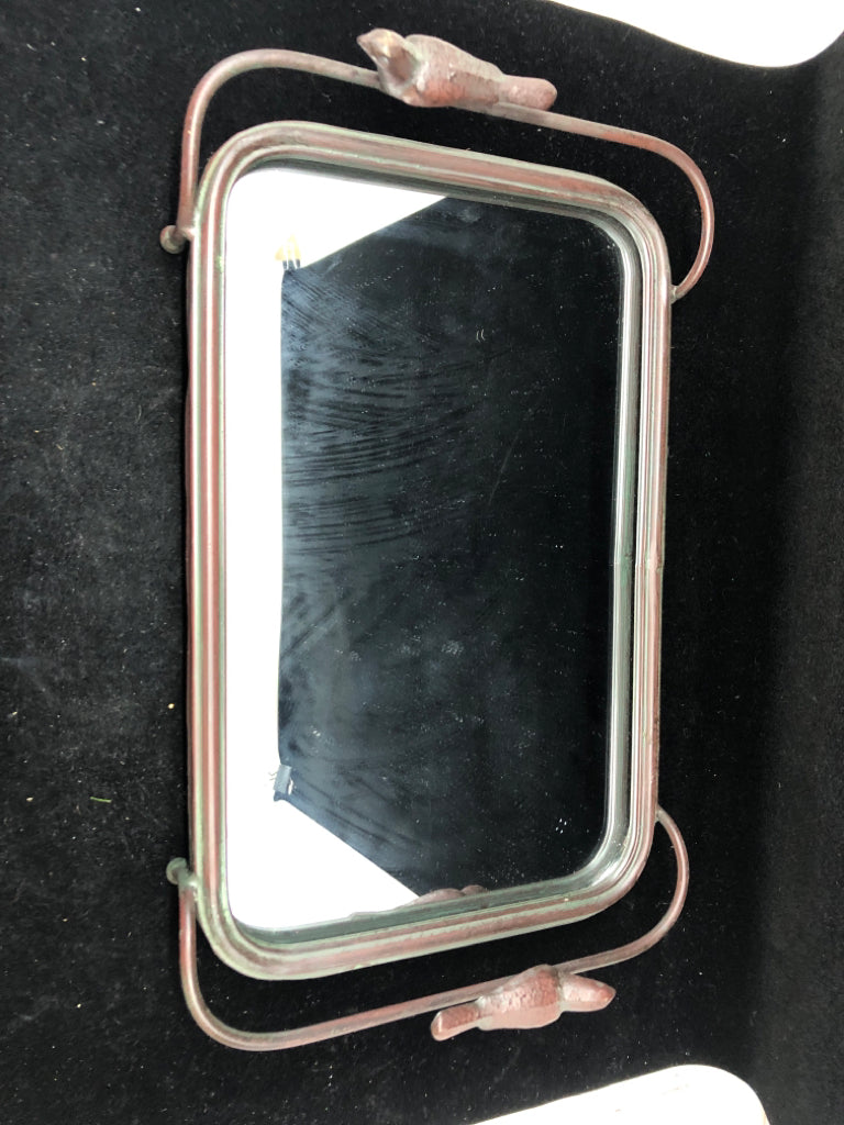 BROWN METAL MIRRORED TRAY BIRD HANDLES.