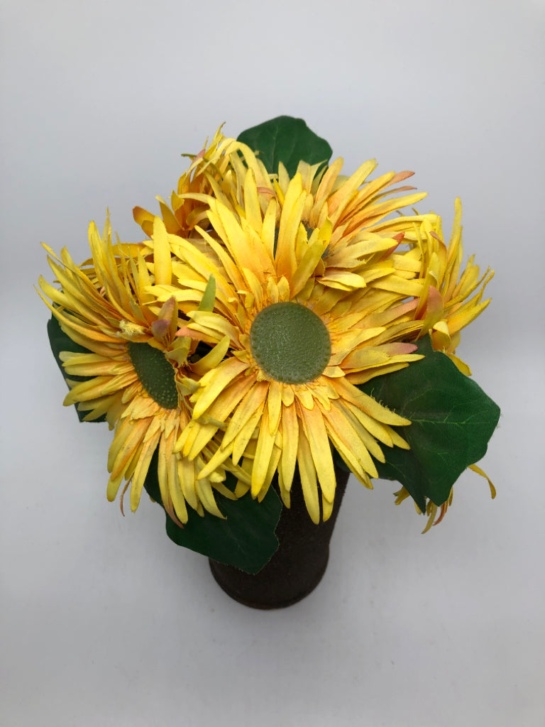 FAUX SUNFLOWERS IN PRIMITIVE METAL PLANTER.