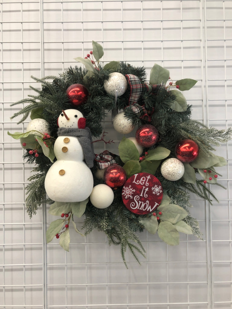 LET IT SNOW WREATH W/GLITTER ORNAMENTS AND SNOWMAN.
