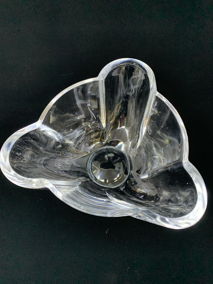 HEAVY GLASS TRIANGLE ROUNDED EDGE CENTERPIECE BOWL.
