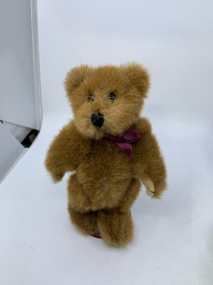 LIGHT BROWN BEAR W/ MAROON BOW & STAND BOYDS BEAR.