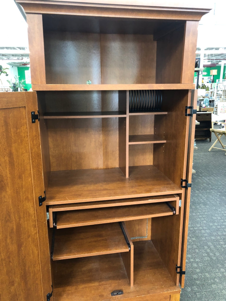 ARMOIRE DESK W OPEN SHELVES, PULL OUT KEYBOARD- LOCKS.