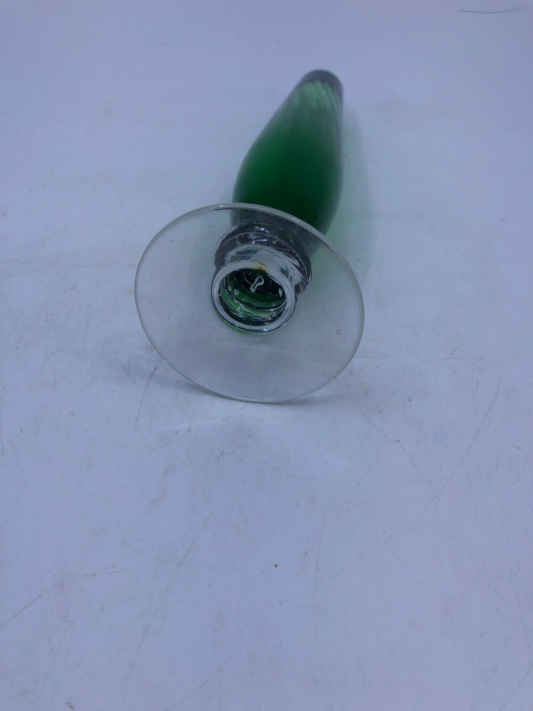GREEN GLASS VASE CLEAR FOOTED BASE.