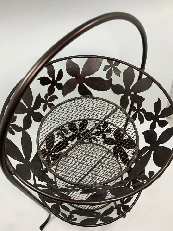 2 TIER BROWN METAL FLORAL FRUIT BASKET.
