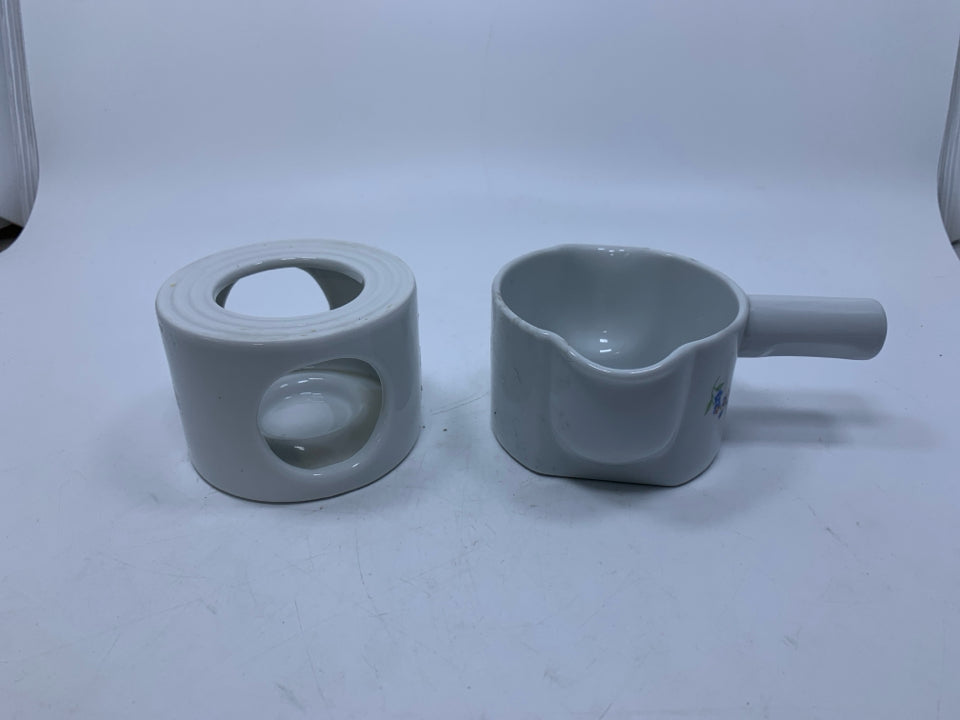 2 PC TEA LIGHT WARM W/ HEATING SAUCE POT FLORAL DETAILS.