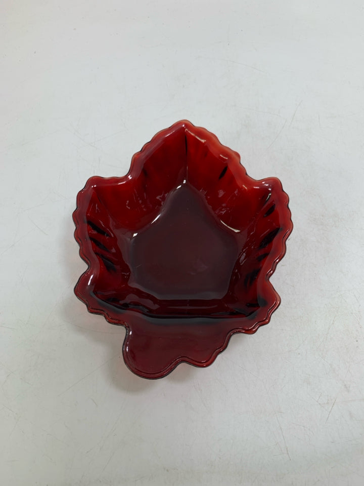 VTG RUBY RED GLASS MAPLE LEAF CATCH ALL BOWL.