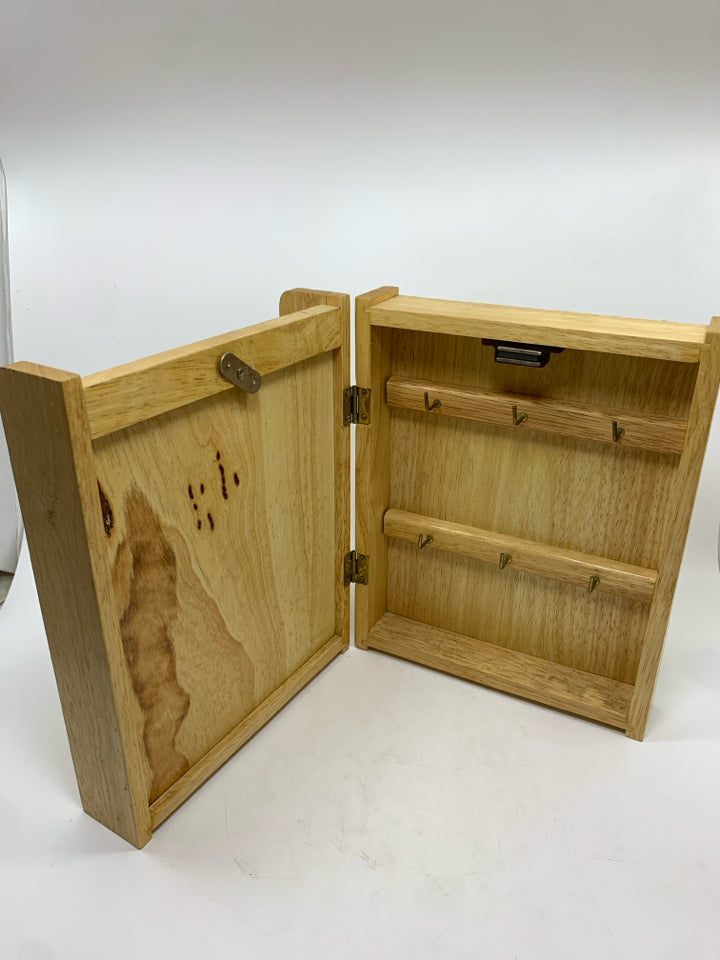 WOODEN MAIL ORGANIZER W/HIDDEN KEY HOOKS.