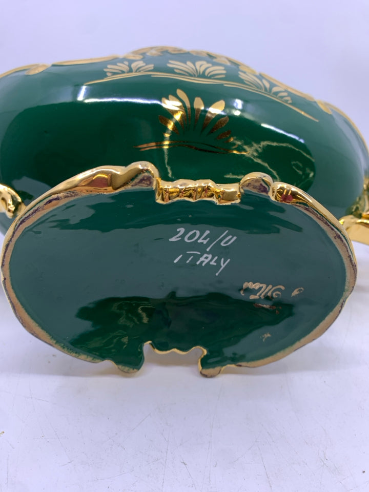 GREEN GOLD CERAMIC FOOTED OVAL PLANTER W/ FLOWER DESIGN SIGNED.