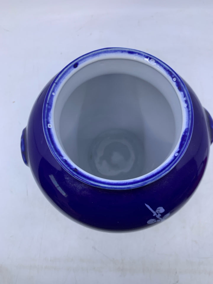 FOOTED COBALT BLUE VASE W/ WHITE CHERRY BLOSSOM BRANCH.