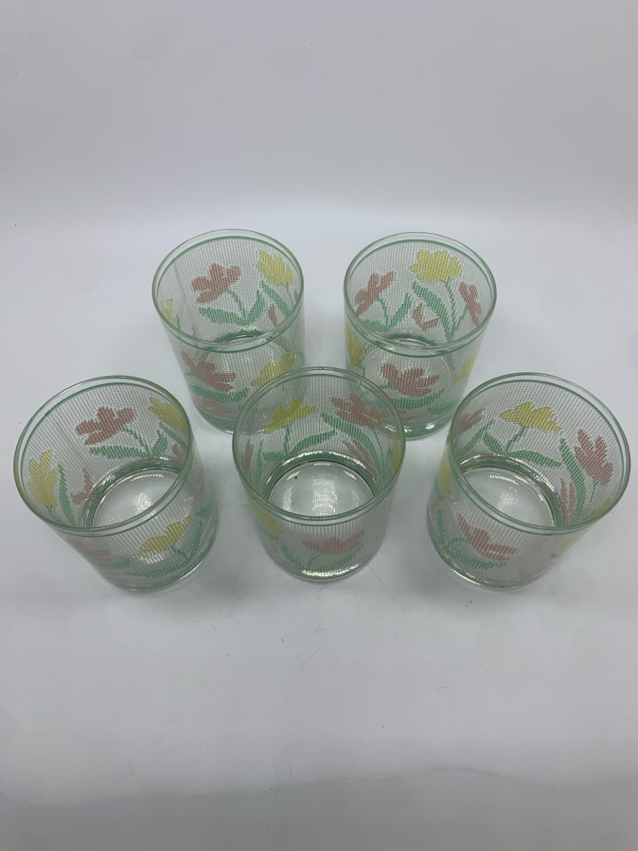 5 VTG YELLOW/PINK FLOWER GLASSES.