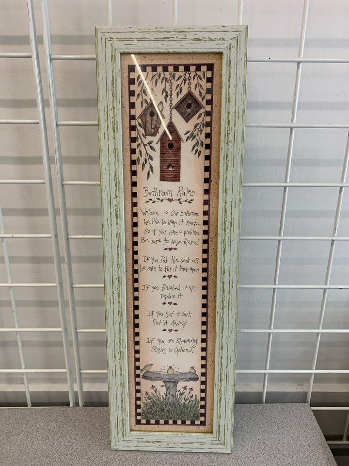 BATHROOM RULES BIRDHOUSES PRINT IN RUSTIC FRAME.