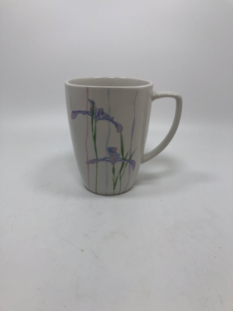 4 PURPLE IRIS CORELLE COFFEE MUGS.