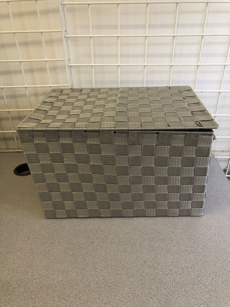 GRAY CLOTH WOVEN BASKET W/ ATTACHED LID.