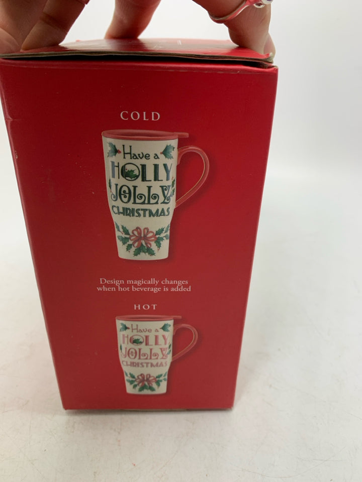 NIB HAVE A HOLLY JOLLY CHRISTMAS HEAT CHANGING TRAVEL MUG.