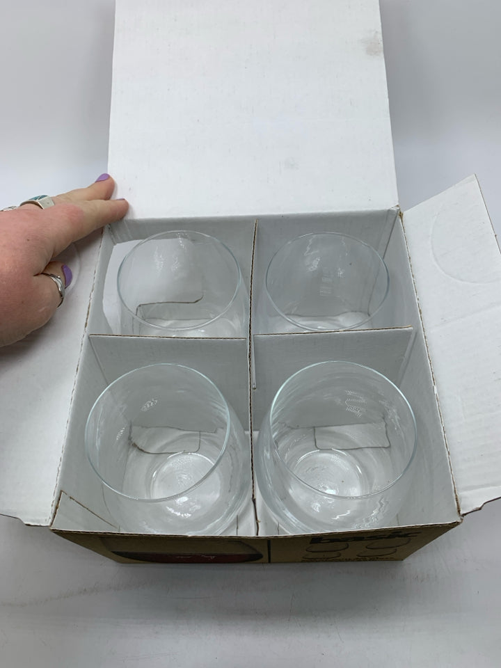 NIB 4 STEMLESS CLEAR WINE GLASSES.