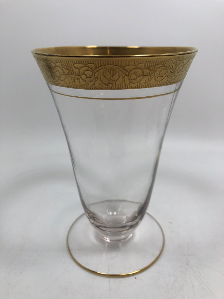 8 VTG RAMBLER ROSE GOLD RIMMED FOOTED GLASSES.