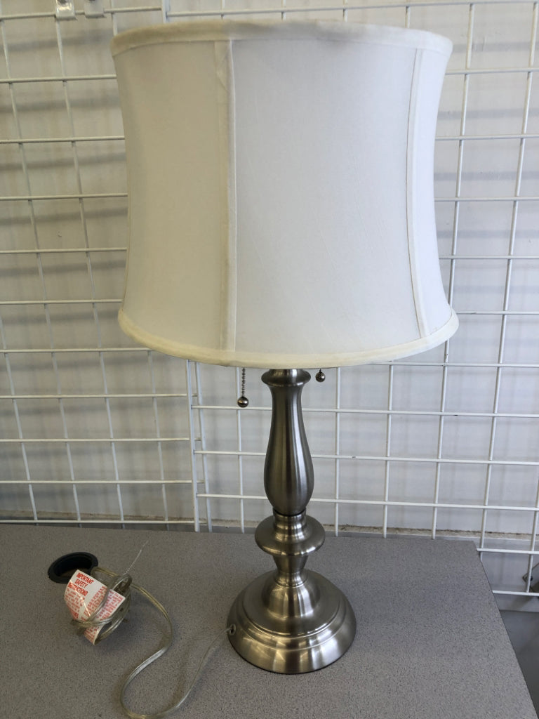 SILVER BASE LAMP W/ WHITE SHADE DOUBLE PULL CHAIN.