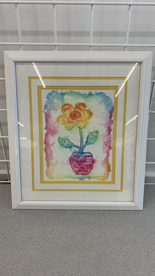 RAINBOW WATERCOLOR FLOWER PRINT IN YELLOW BORDER FRAME.