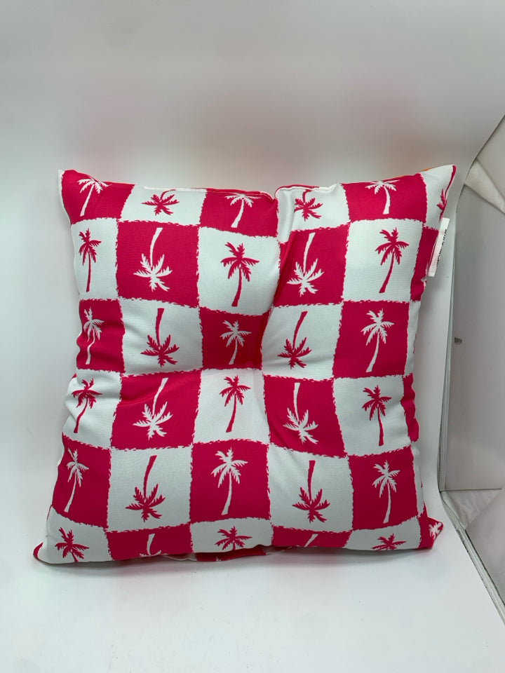 PINK & ORANGE CHECKERED PALM TREE PILLOW.