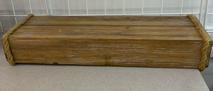 DISTRESSED WOODEN BLOCK SHELF W/ROPE ON CORNERS.
