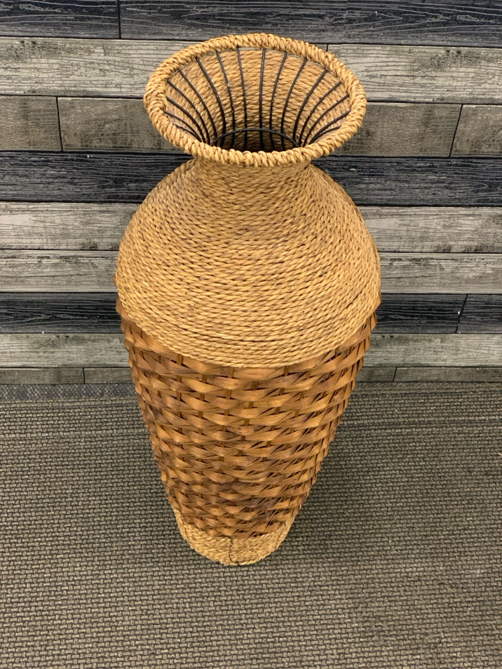 WICKER AND WOVEN FLOOR VASE.