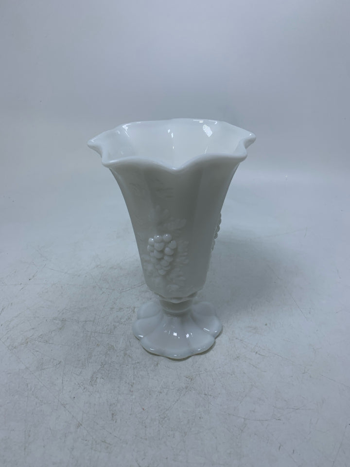FOOTED GLASS VASE W/ EMBOSSED GRAPES.