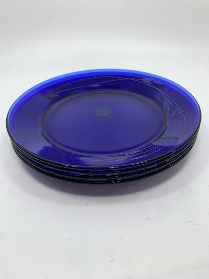 4 VTG PRINCESS HOUSE BLUE GLASS LUNCH PLATES W/EMBOSSED WHEAT.