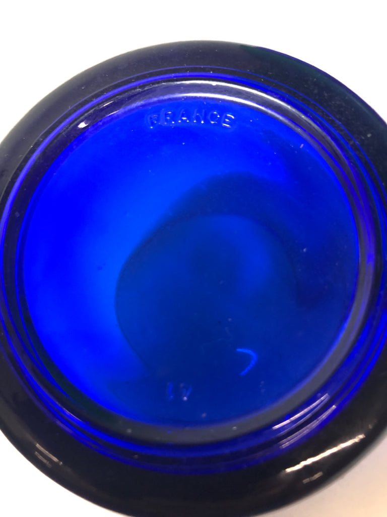4 COBALT BLUE GLASS MUGS.