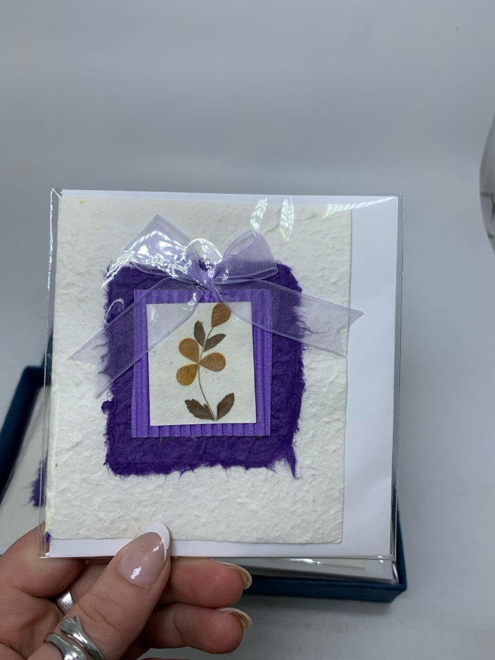 12 HANDMADE NEW NOTECARDS IN BLUE PAPER BOX.