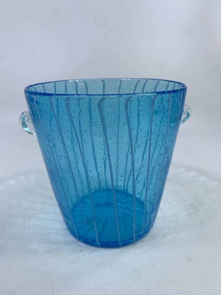 BLUE GLASS SMALL ICE BUCKET W/WHITE LINES.