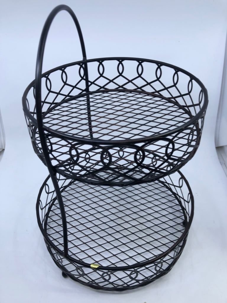 BROWN METAL 2 TIER FRUIT BASKET.