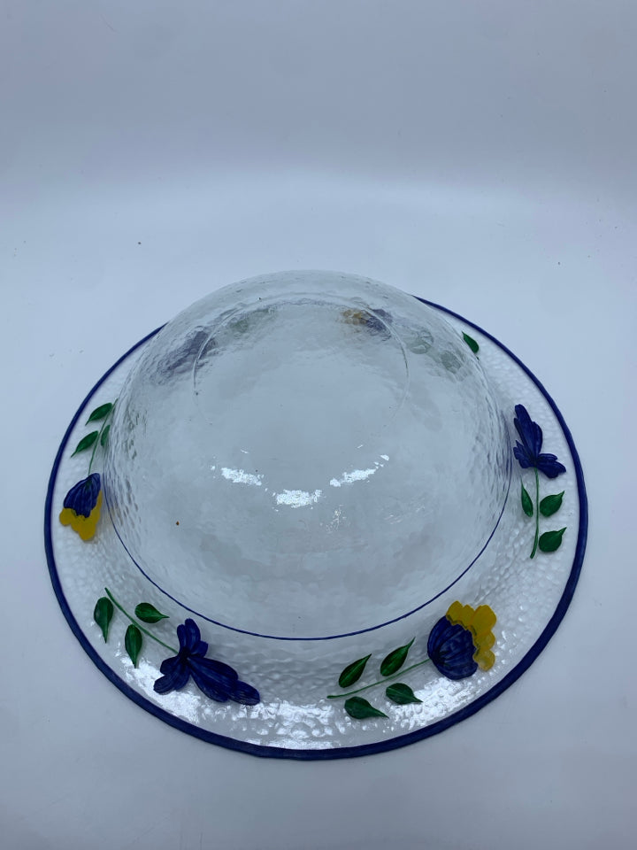 BLUE FLOWER PAINTED GLASS BOWL.