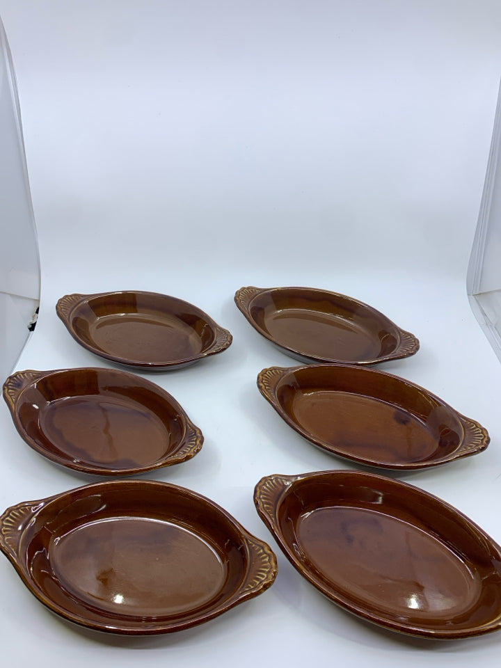 VTG 6 BROWN POTTERY OVAL AU GRATIN DISHES.