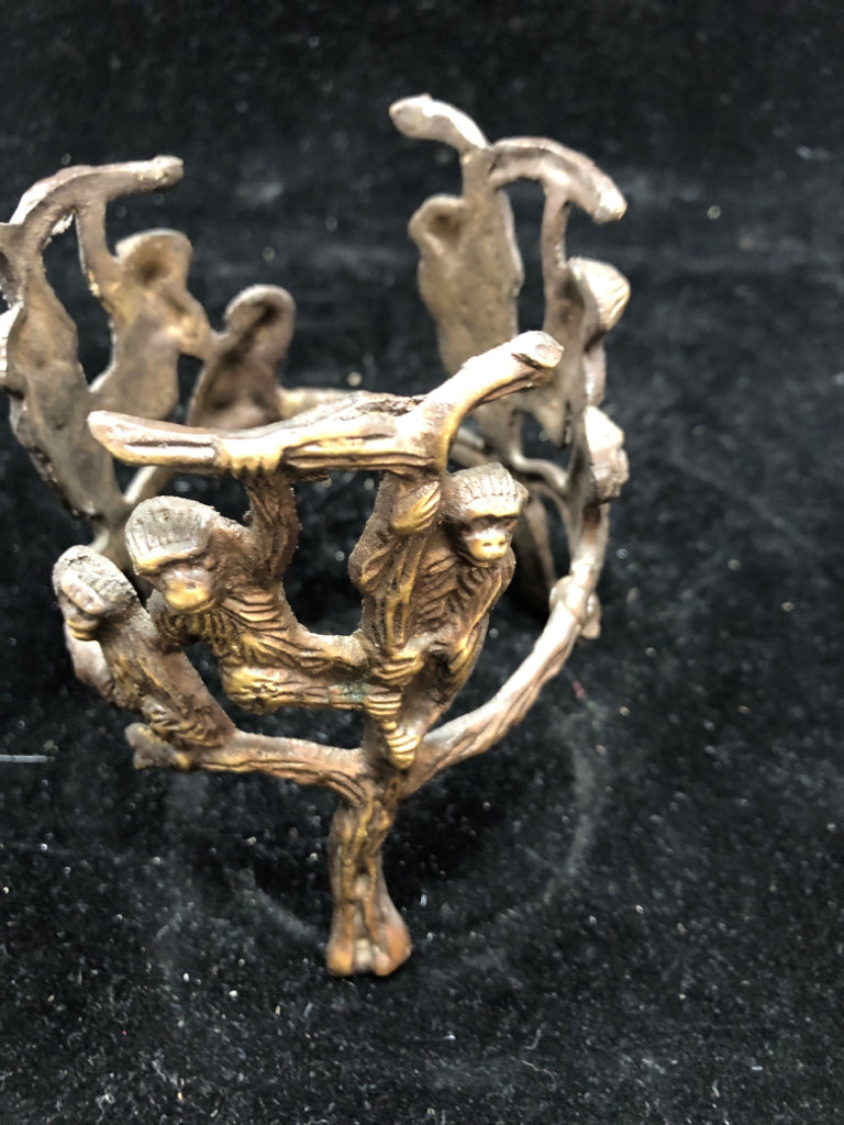 BRONZE MONKEYS IN A TREE CRACKLE GLASS CANDLE HOLDER.
