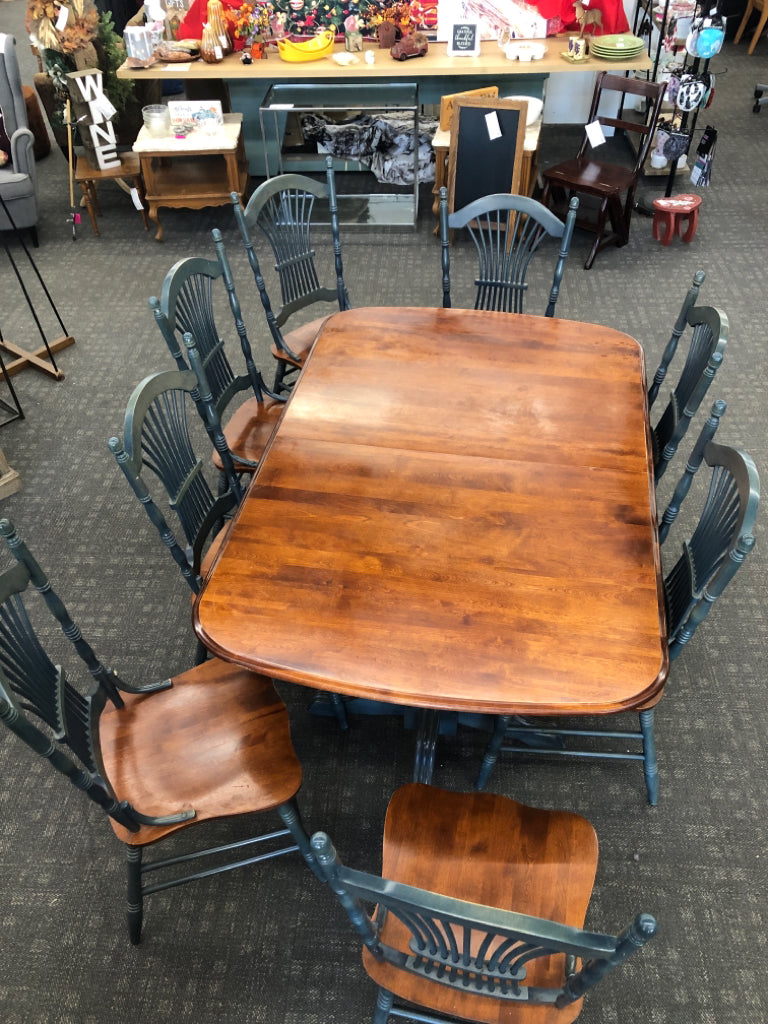 WOOD & SLATE BLUE TABLE W/8 CHAIRS & 2 LEAVES INSIDE.