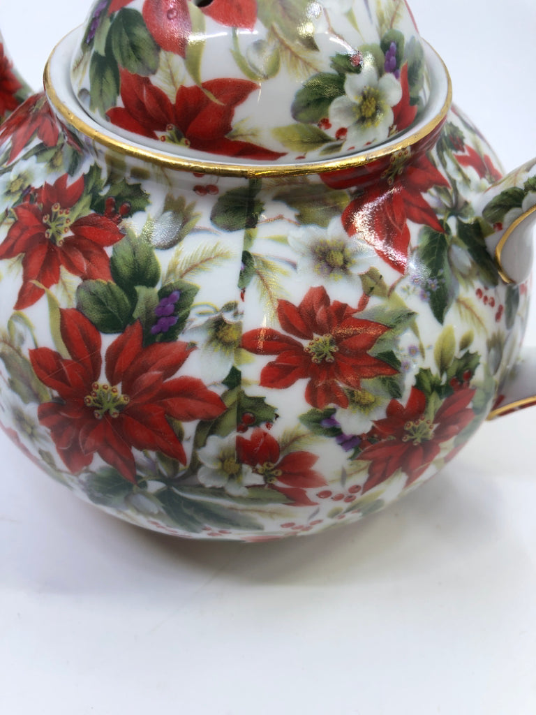 WHITE W/ RED POINSETTIA TEA POT.