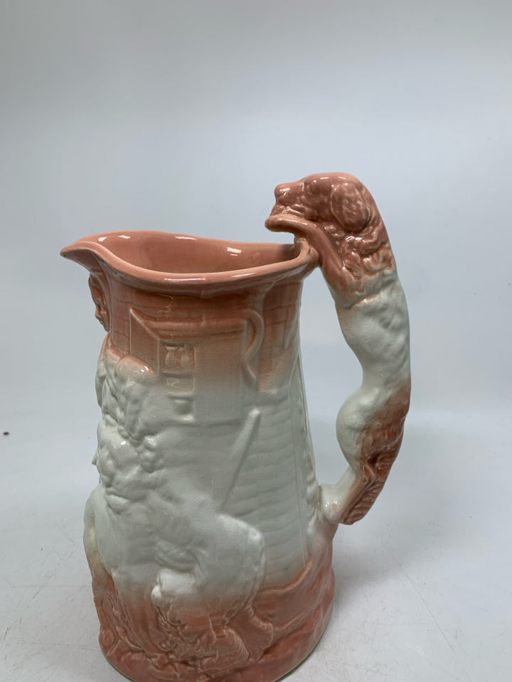 VTG MAIDEN READING W/ DOGS OMBRE PEACH COLOR DOG SHAPED HANDLE.