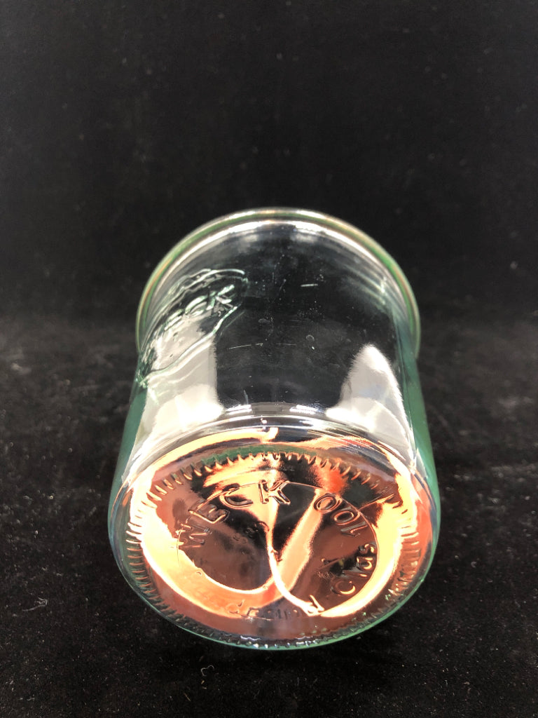 WECK MOLD GLASS CANNING JAR W/RUBBER SEALING RING AND CLAMPS.