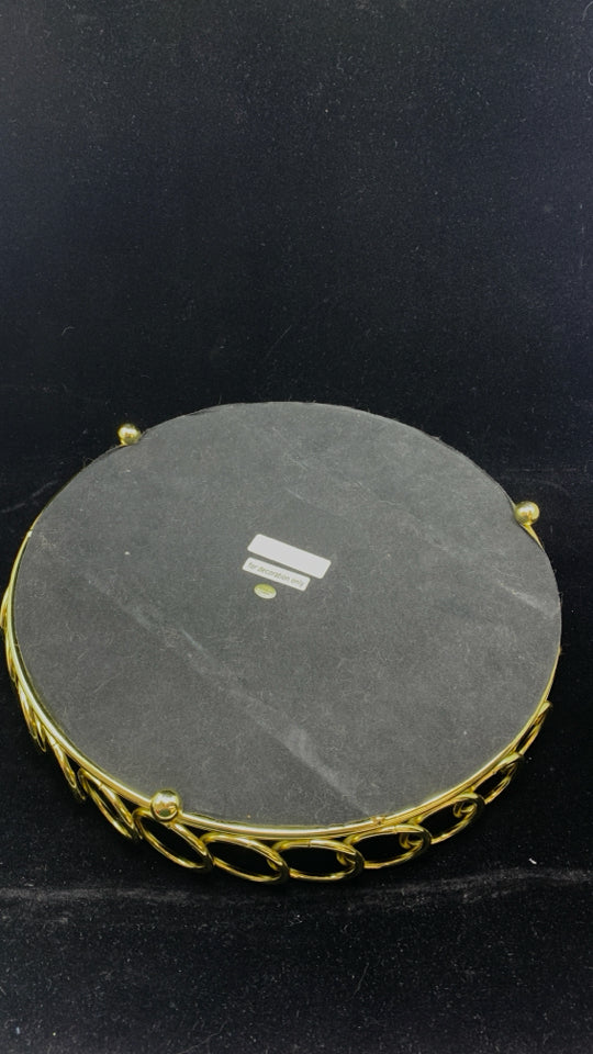 TRAY W/GOLD RING RIM+MIRROR BASE.