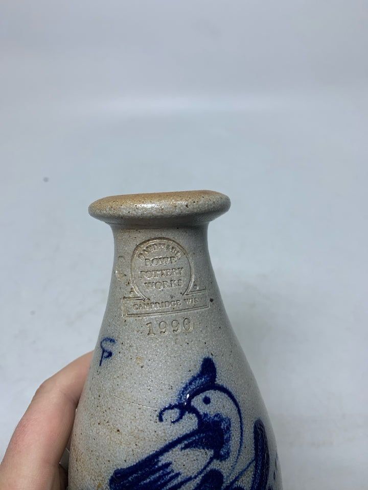 VTG COBALT BLUE BIRD SALT GLAZE BOTTLE/VASE 1990.