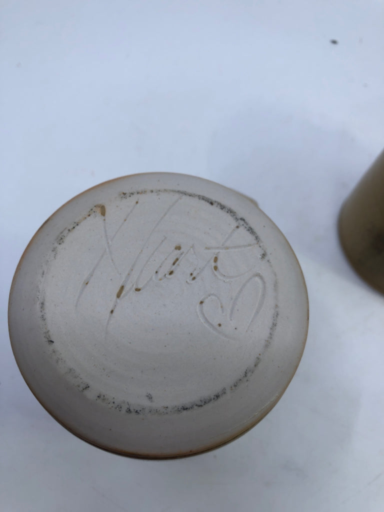2 YELLOW + BLUE POTTERY GLAZE MUGS.