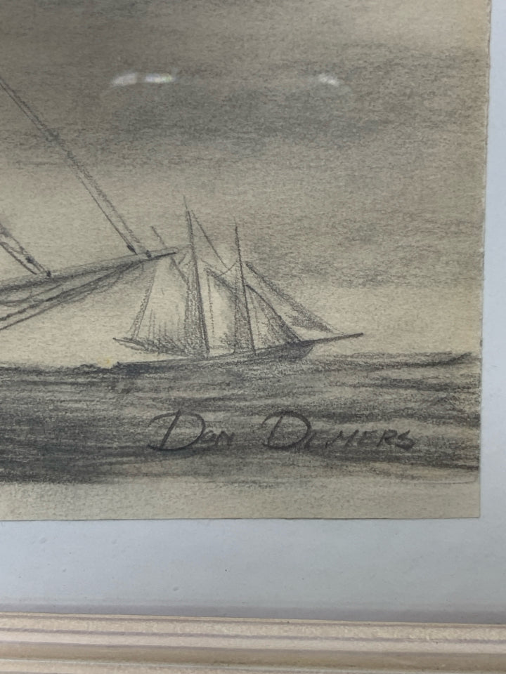 PENCIL SKETCH OF SAILBOAT LIGHT COLORED FRAME.