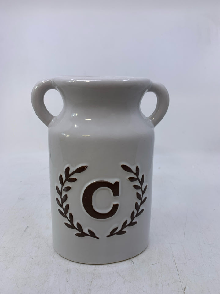 CERAMIC VASE W/ EMBOSSED MONOGRAM C HANDLES.