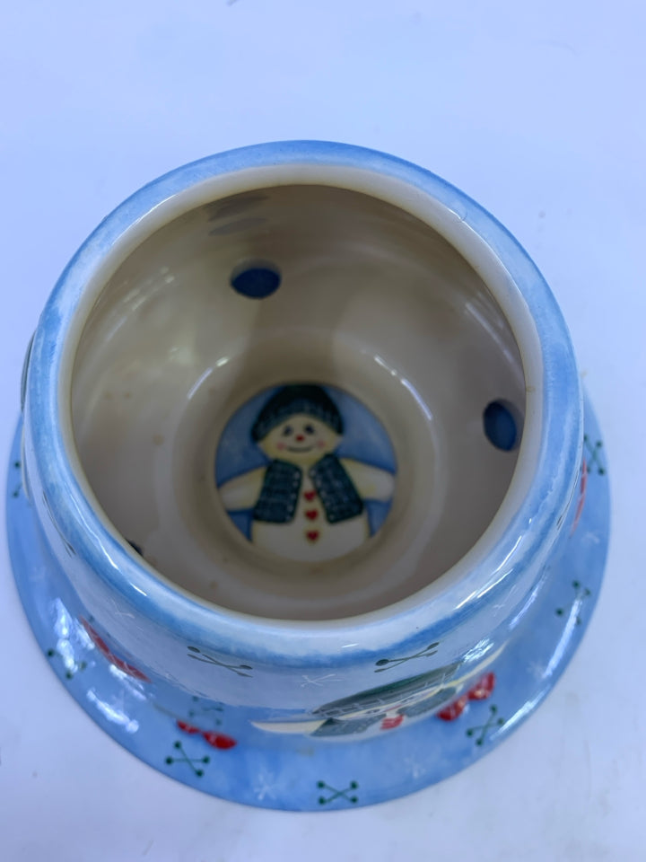 2PC BLUE SNOWMAN CANDLE PLATE AND SHADE.