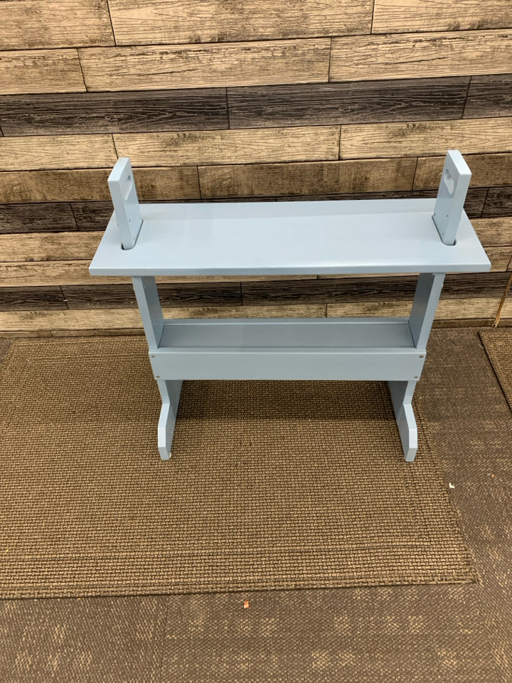 BLUE PAINTED WEAVING BENCH/SHELF.