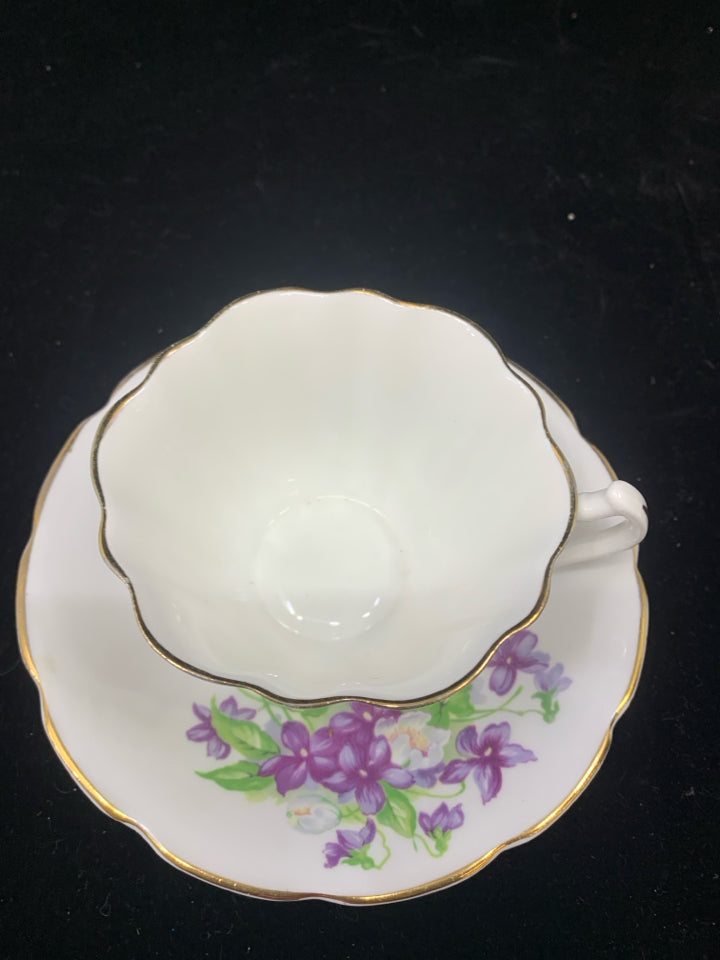 WHITE W/PURPLE FLORAL GOLD ACCENT TEA CUP & SAUCER-VANDERWOOD.